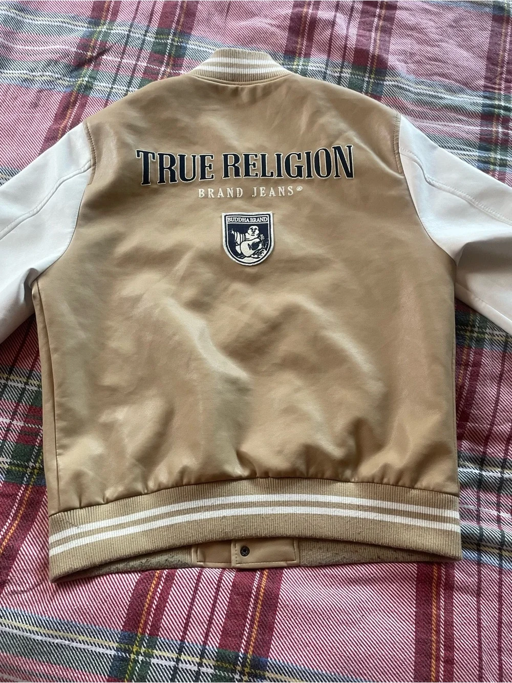 True Religion Tan and White Varsity Jacket
